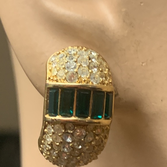 CHRISTIAN DIOR EMERALD AND PAVÉ DIAMOND EARRINGS CLIP ONS VINTAGE 80’s - Picture 3 of 12